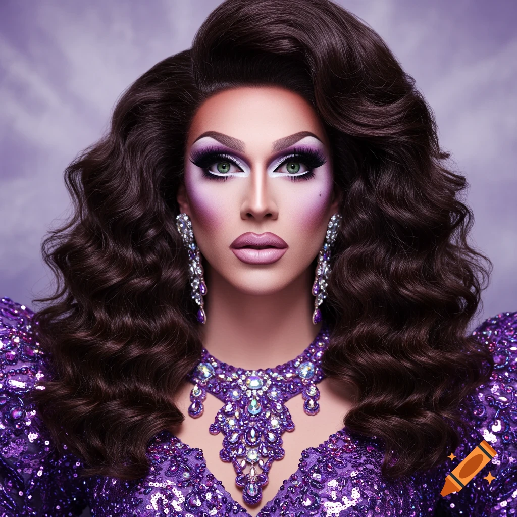 Photorealistic portrait of a drag queen with brown curly hair, green eyes, pale purple makeup, and a sparkly purple sequin outfit.