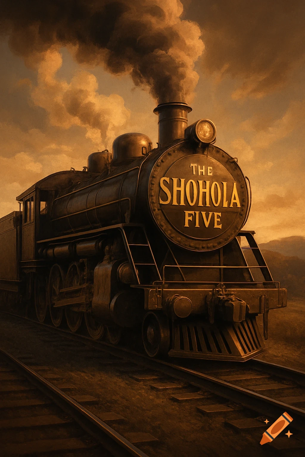 A vintage steam train with THE SHOHOLA FIVE on its front, emitting dark smoke, set against a sepia-toned sky at dusk.