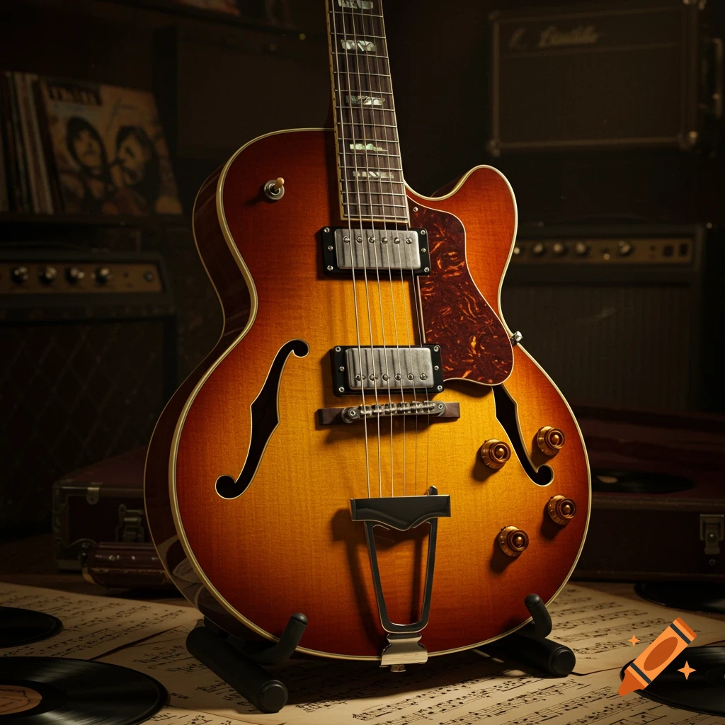 Photorealistic close-up of a sunburst hollow-body electric guitar on a stand, with sheet music, records, and amps in the background.