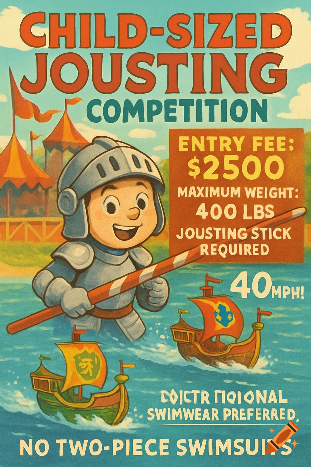 A vintage-style poster advertising a child-sized jousting competition. A cartoon child in knight armor holds a jousting stick, standing in water with small boats and tents in the background.