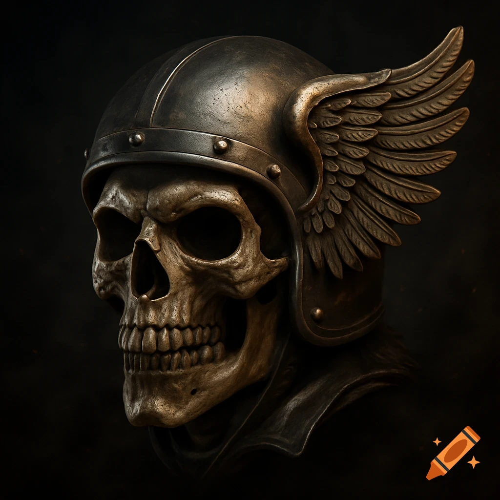 Hyper-realistic 3D rendering of a menacing skull wearing a winged motorcycle helmet with detailed textures.