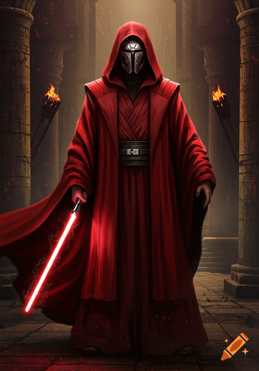 A masked man in red robes and a hood stands in a dark, ancient temple, holding a glowing red lightsaber.