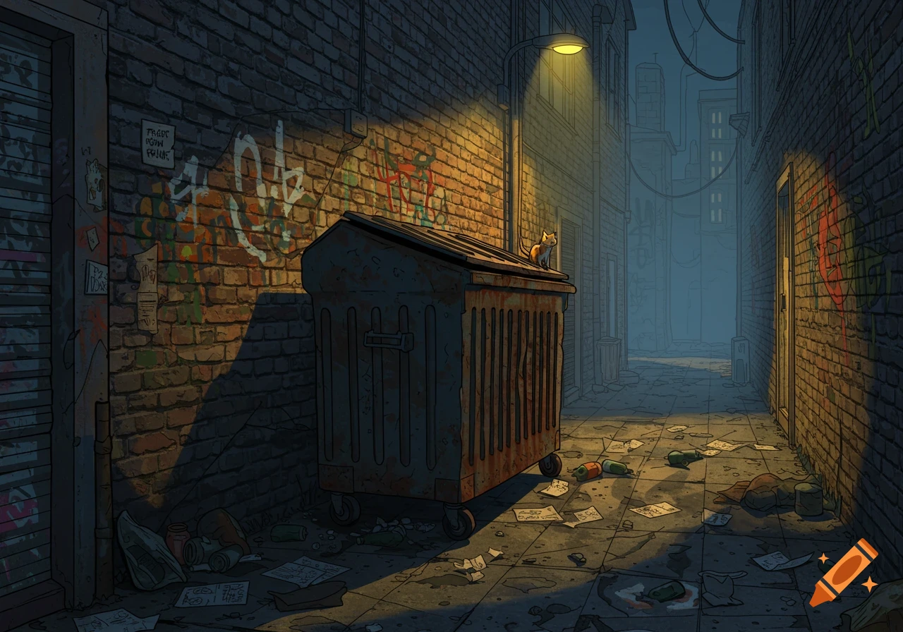 A cat sits atop a rusty dumpster in a dimly lit, graffiti-covered urban alleyway at night.