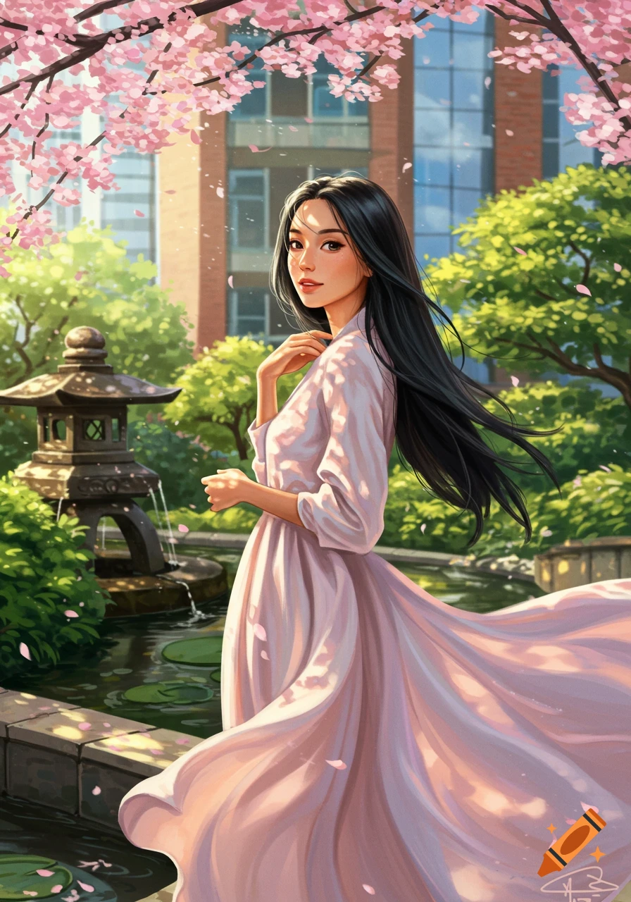 An illustration of a woman with long dark hair in a flowing pink dress, standing in a Japanese garden with cherry blossoms and a stone lantern.