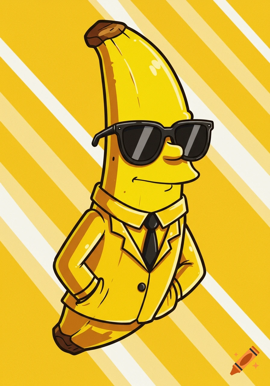 A cartoon banana wearing a yellow suit and black sunglasses stands against a yellow and white striped background.