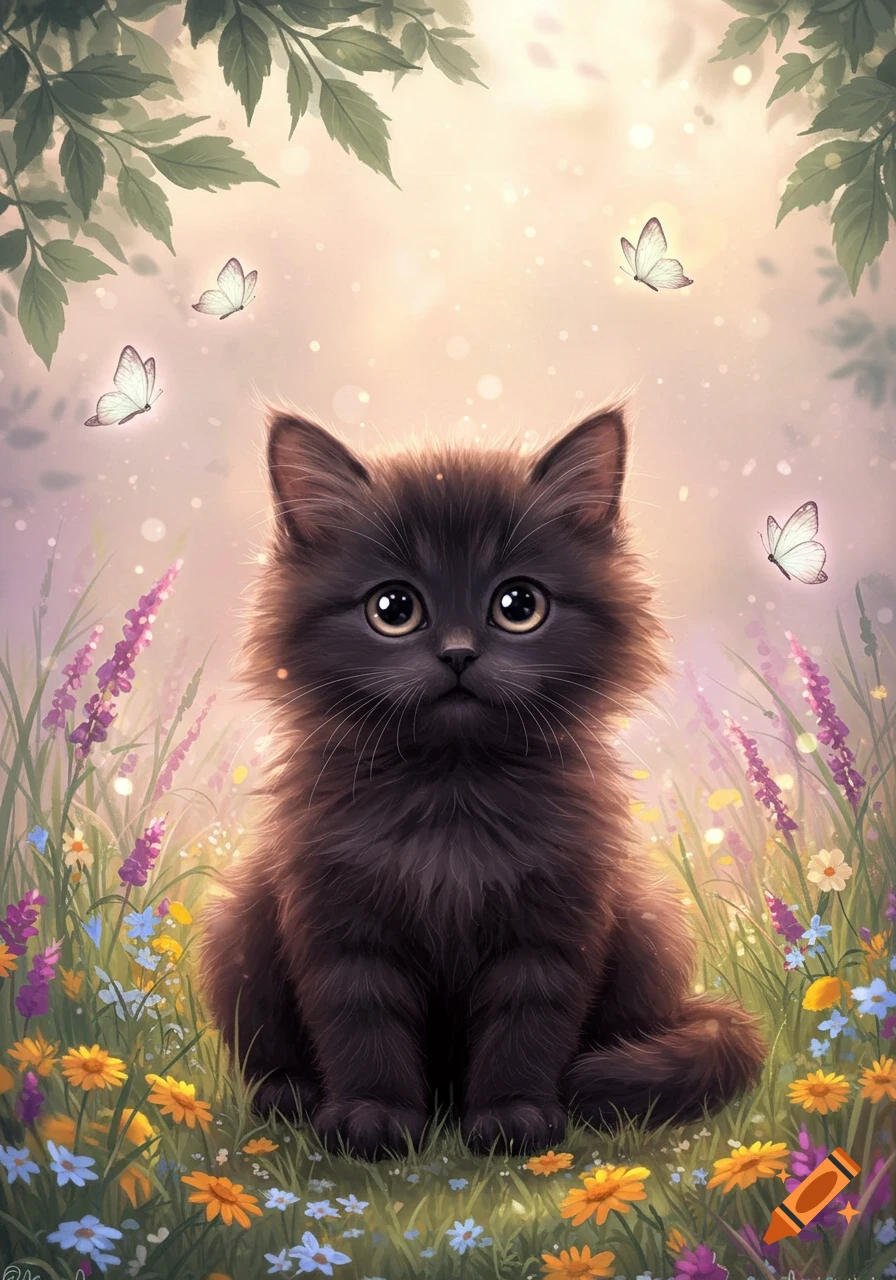 A fluffy black kitten with large eyes sits in a field of colorful wildflowers under green leaves, with butterflies fluttering around.