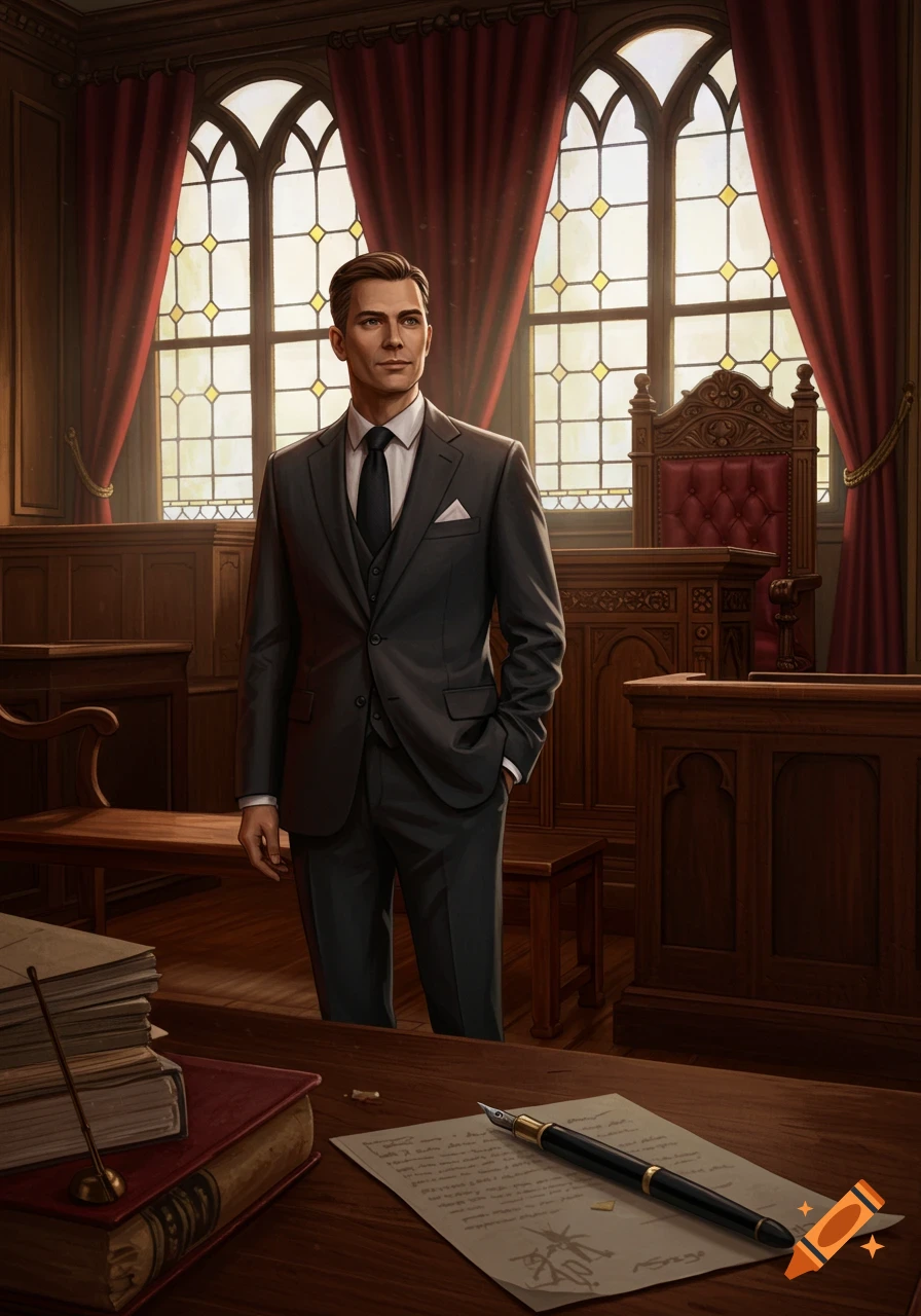 A man in a dark suit stands in a traditional courtroom with red curtains and stained-glass windows, a desk with a pen and paper in the foreground.