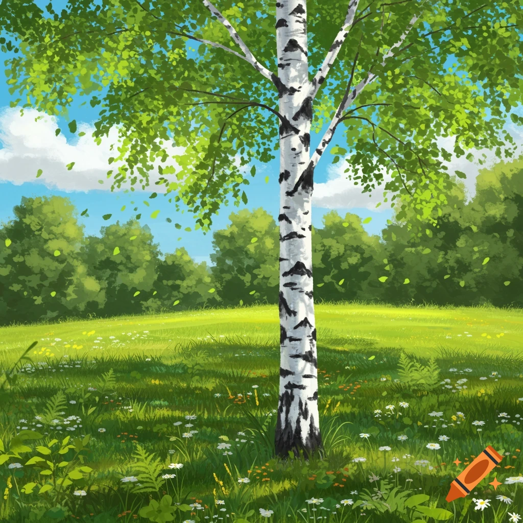 A vibrant drawing of a silver birch tree in a green field with white and yellow wildflowers under a blue sky.