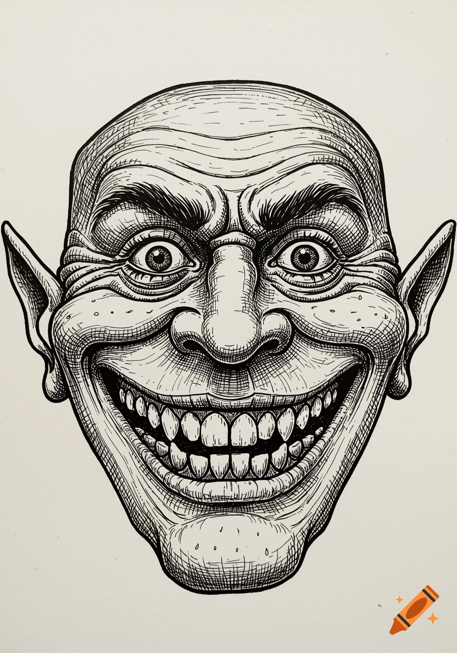 A detailed black and white sketch of a grotesque, wide-grinning, bald troll-like face with large ears and wide eyes.