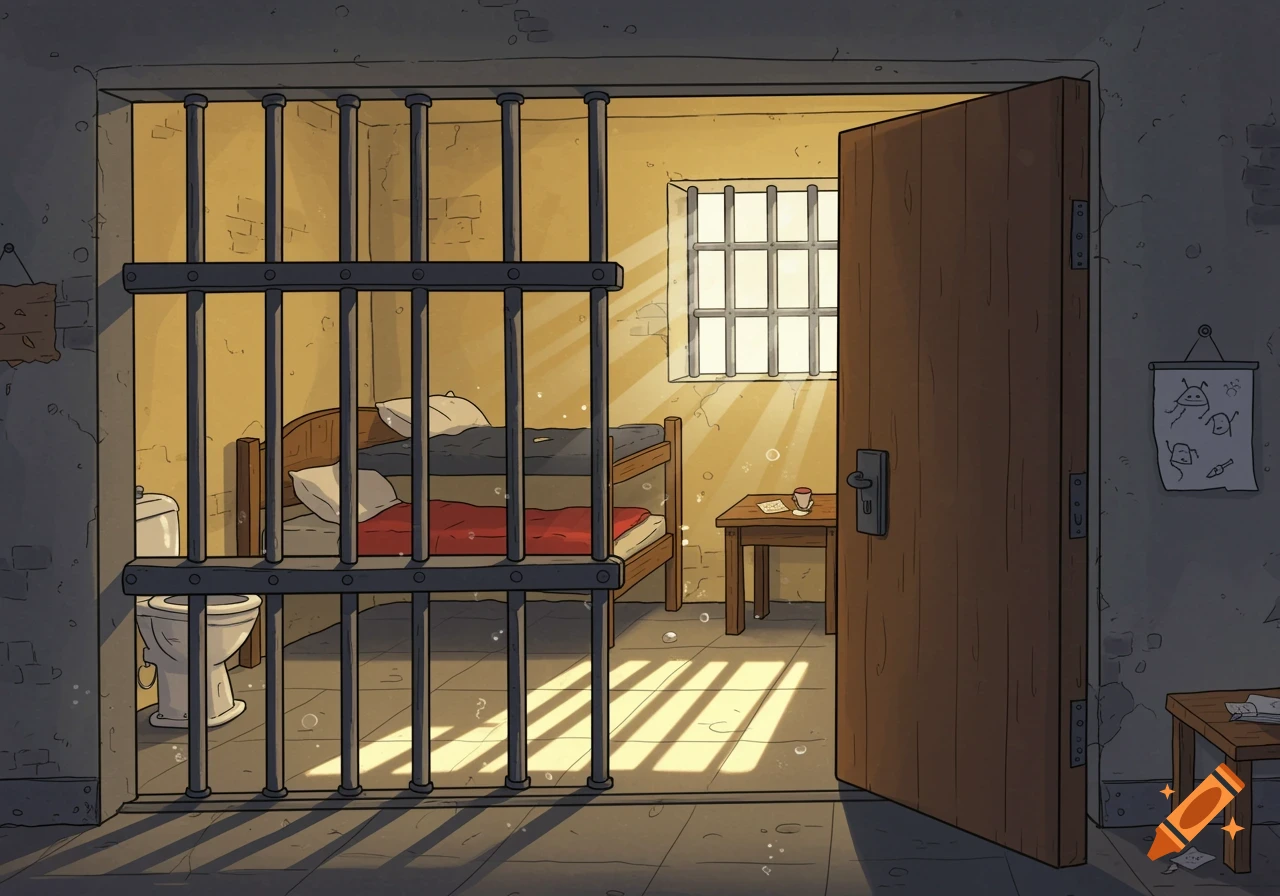 A cartoon illustration of an empty prison cell with a bunk bed, toilet, and table, viewed through the cell bars.