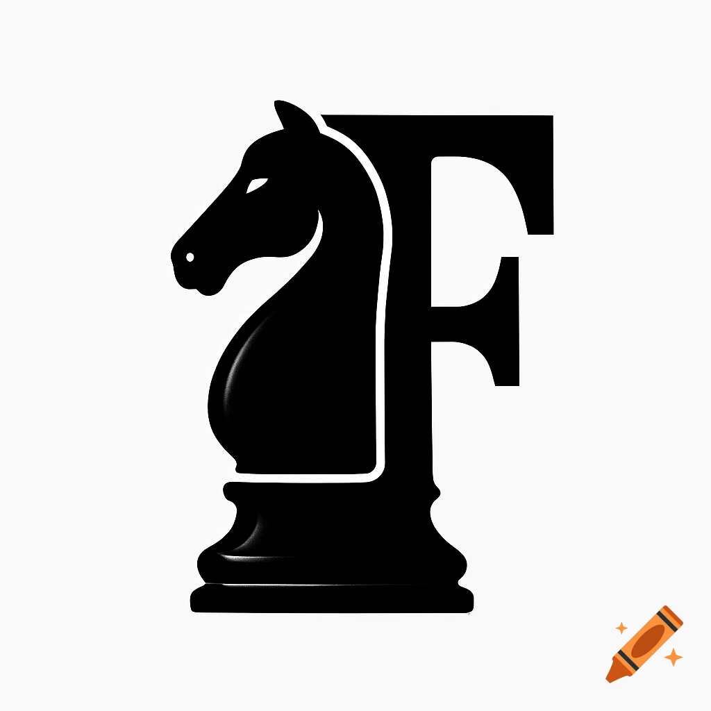 A black chess knight piece stylized into the shape of a capital letter F, set against a white background.
