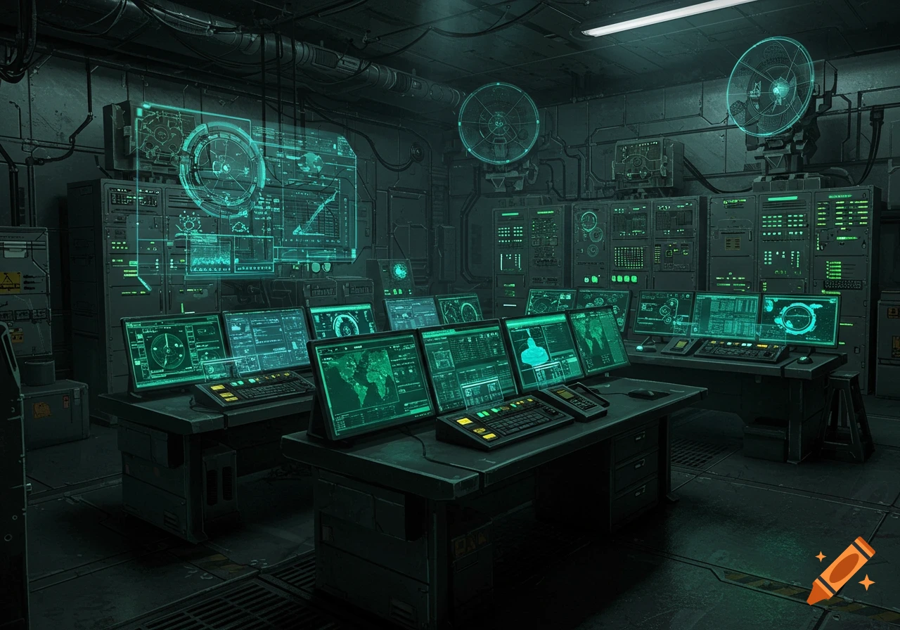 A futuristic control room with multiple glowing green computer screens and holographic displays. The room is dark and industrial.