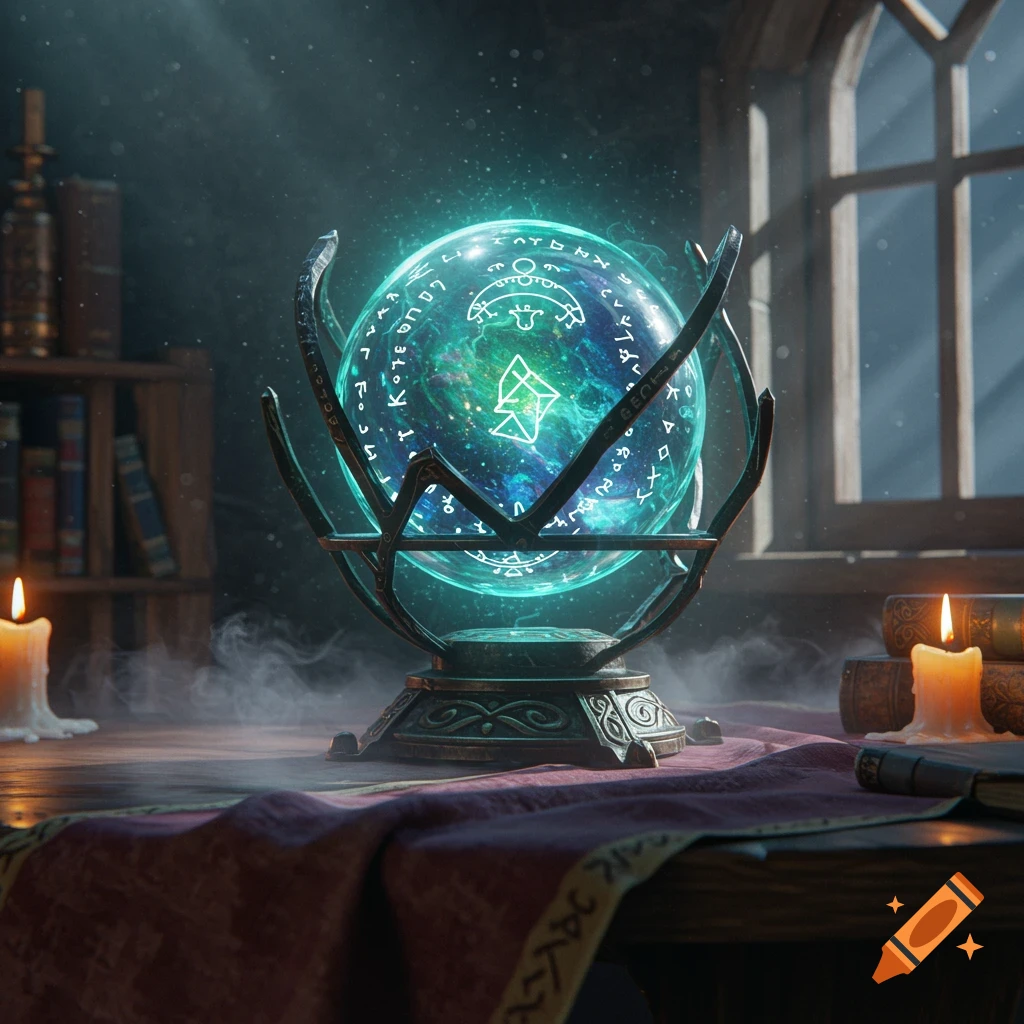 A glowing, magical orb with intricate symbols sits on a draped table in a dimly lit wizard's study, illuminated by candlelight.