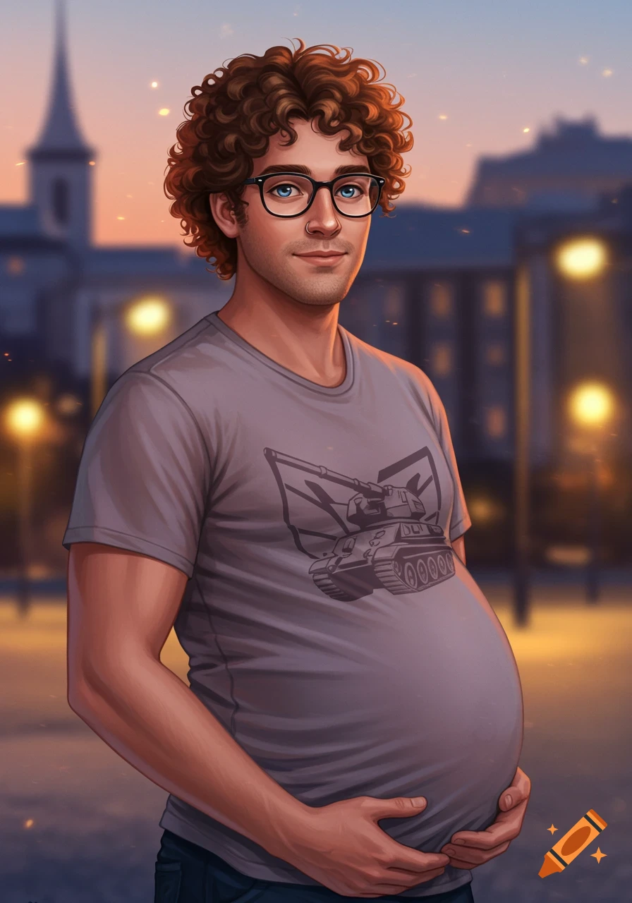 A man with curly brown hair, glasses, and blue eyes, wearing a gray t-shirt with a tank graphic, holds his pregnant belly outdoors at dusk.