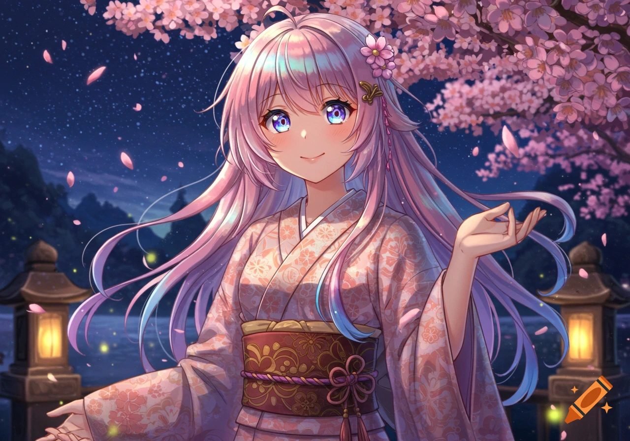 Anime girl in a pink kimono under cherry blossoms at night, with falling petals and lanterns.