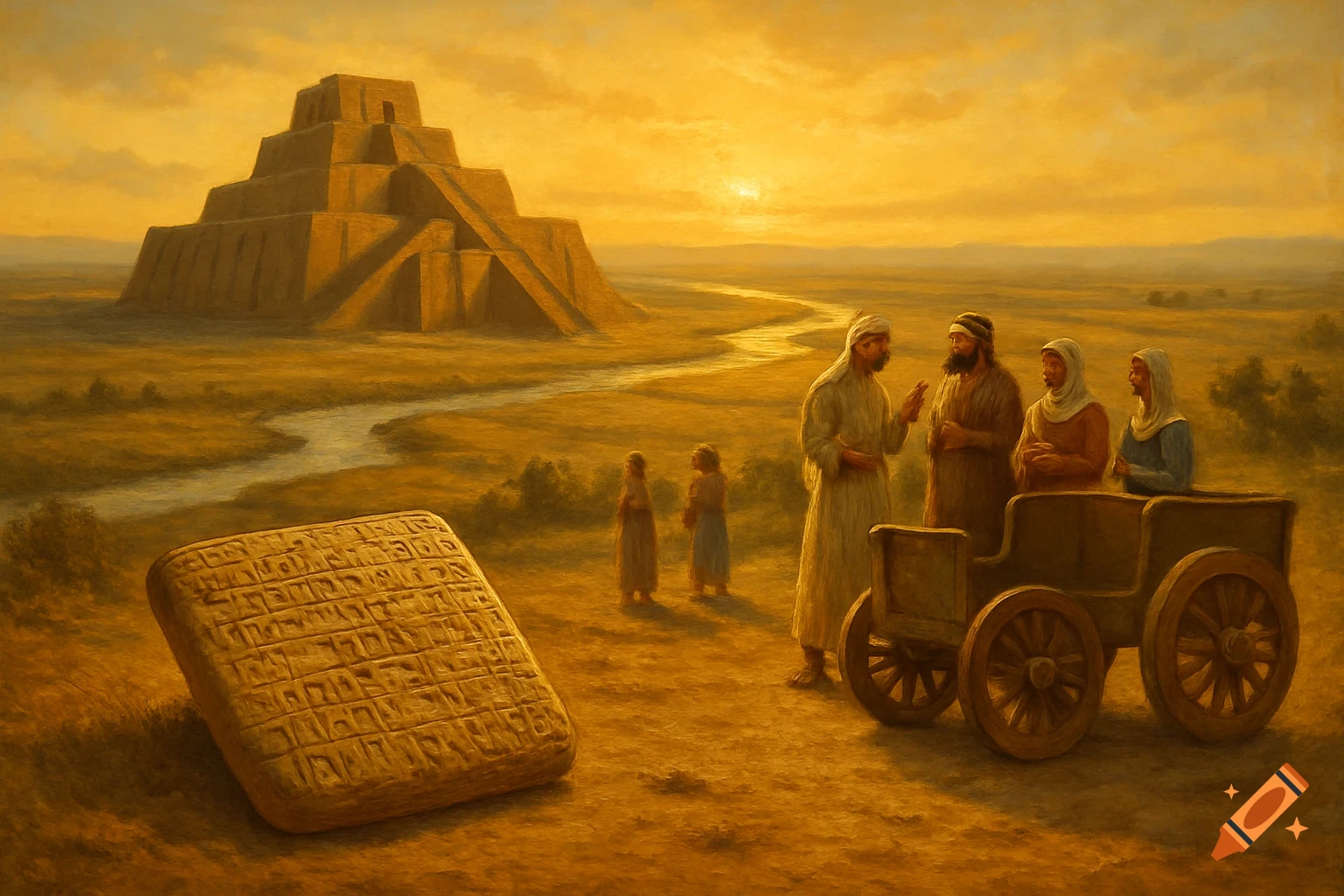 An oil painting of an ancient Mesopotamian landscape with a ziggurat, people, a wooden cart, and a cuneiform tablet under a golden sky.