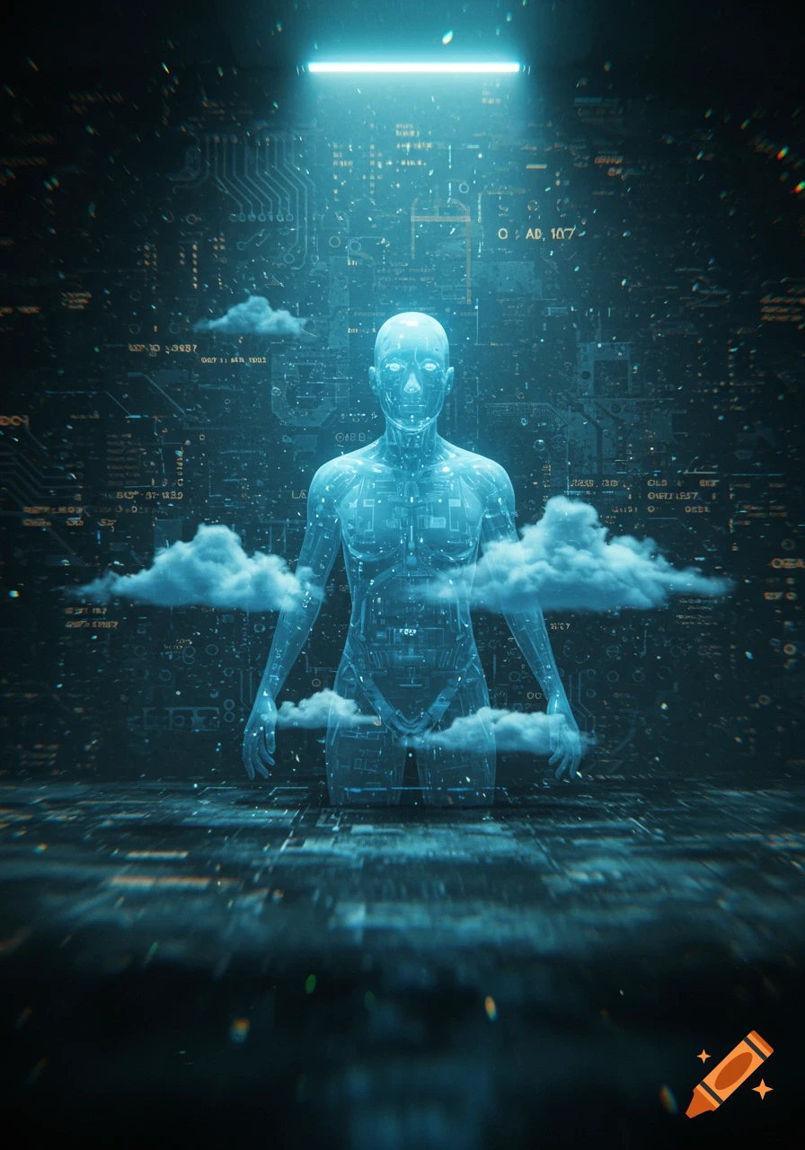 A translucent, glowing blue human figure stands amidst a dark, complex digital circuit board background with data and clouds, illuminated by a bright overhead light.