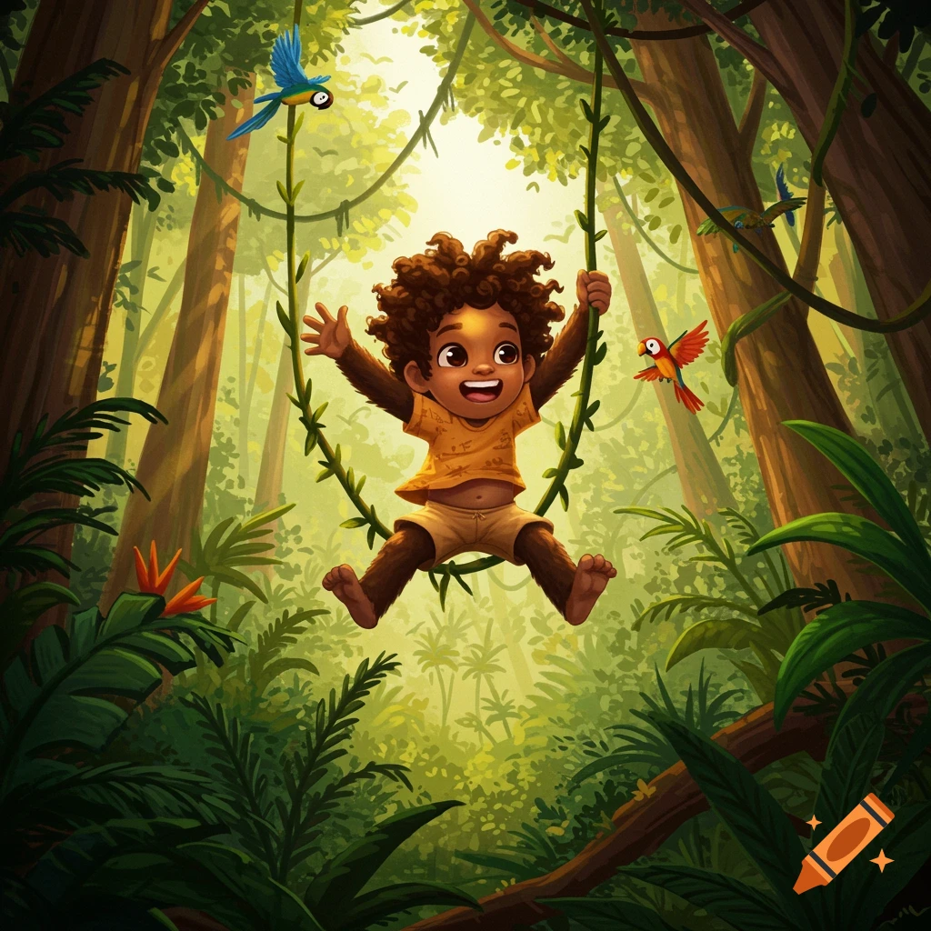 A cartoon child with curly hair and ape-like features joyfully swings on a vine in a lush green jungle with birds flying.
