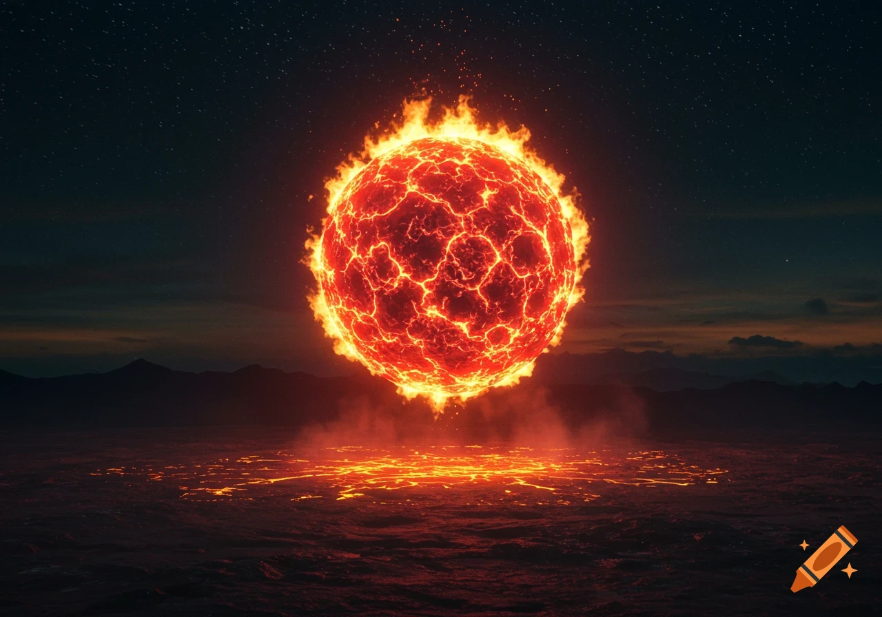 A giant flaming sphere, resembling a sun or planet, hovers over a molten, rocky landscape under a starry night sky.