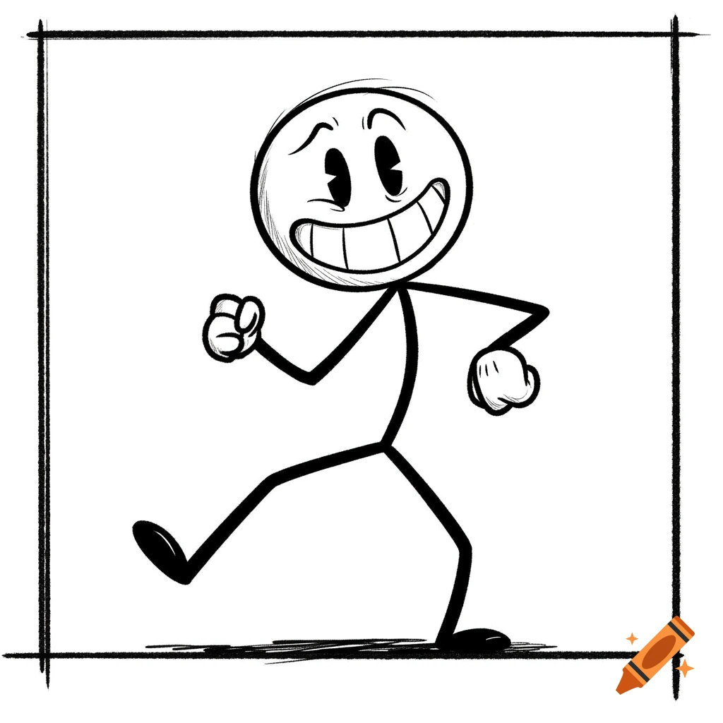 A smiling cartoon stickman with an old-fashioned face walks within a black outline frame.