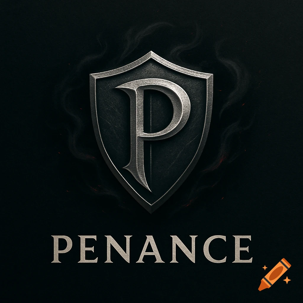 A dark, metallic shield logo with a stylized silver letter P at its center, with the word 'PENANCE' in a similar font below it, on a dark background with subtle smoke.