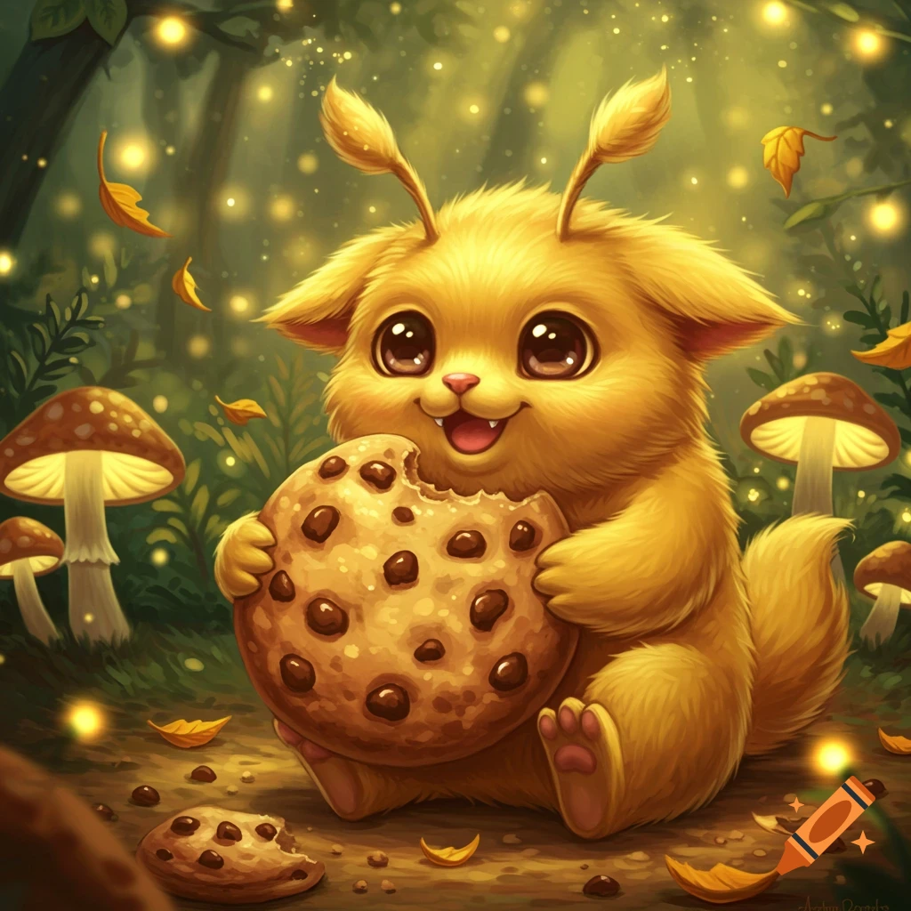 A cute, fluffy yellow creature with big eyes happily eats a giant chocolate chip cookie in a whimsical forest with glowing lights and mushrooms.