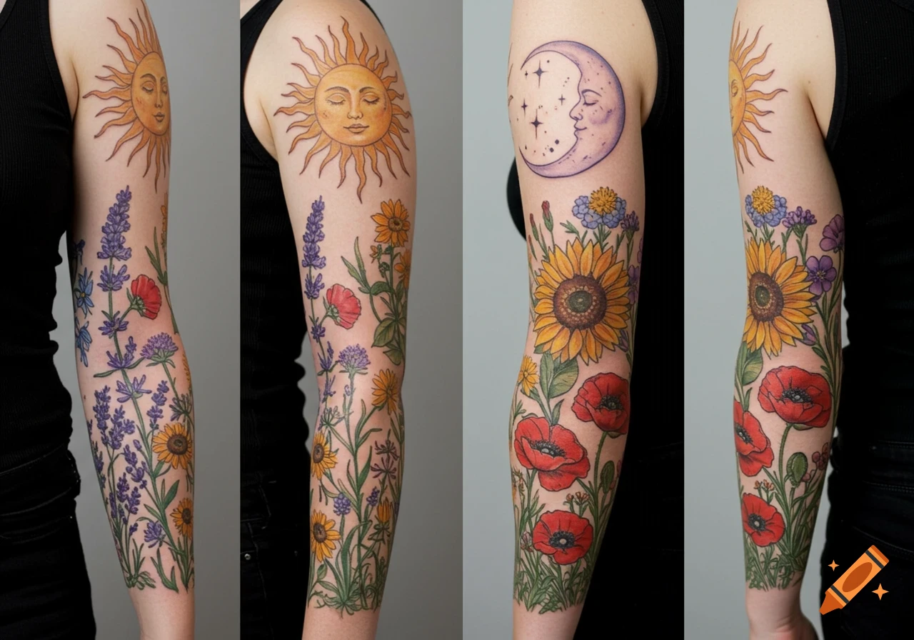 Colorful tattoo sleeve featuring wildflowers, a sun with a face, and a crescent moon with stars.