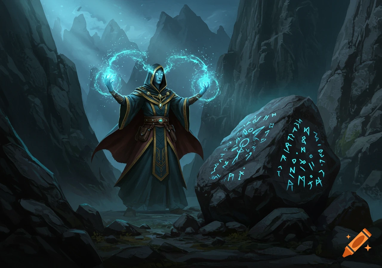 A robed mage with glowing hands casts a blue spell in a dark, rocky valley, illuminating mystical runes on a large boulder.