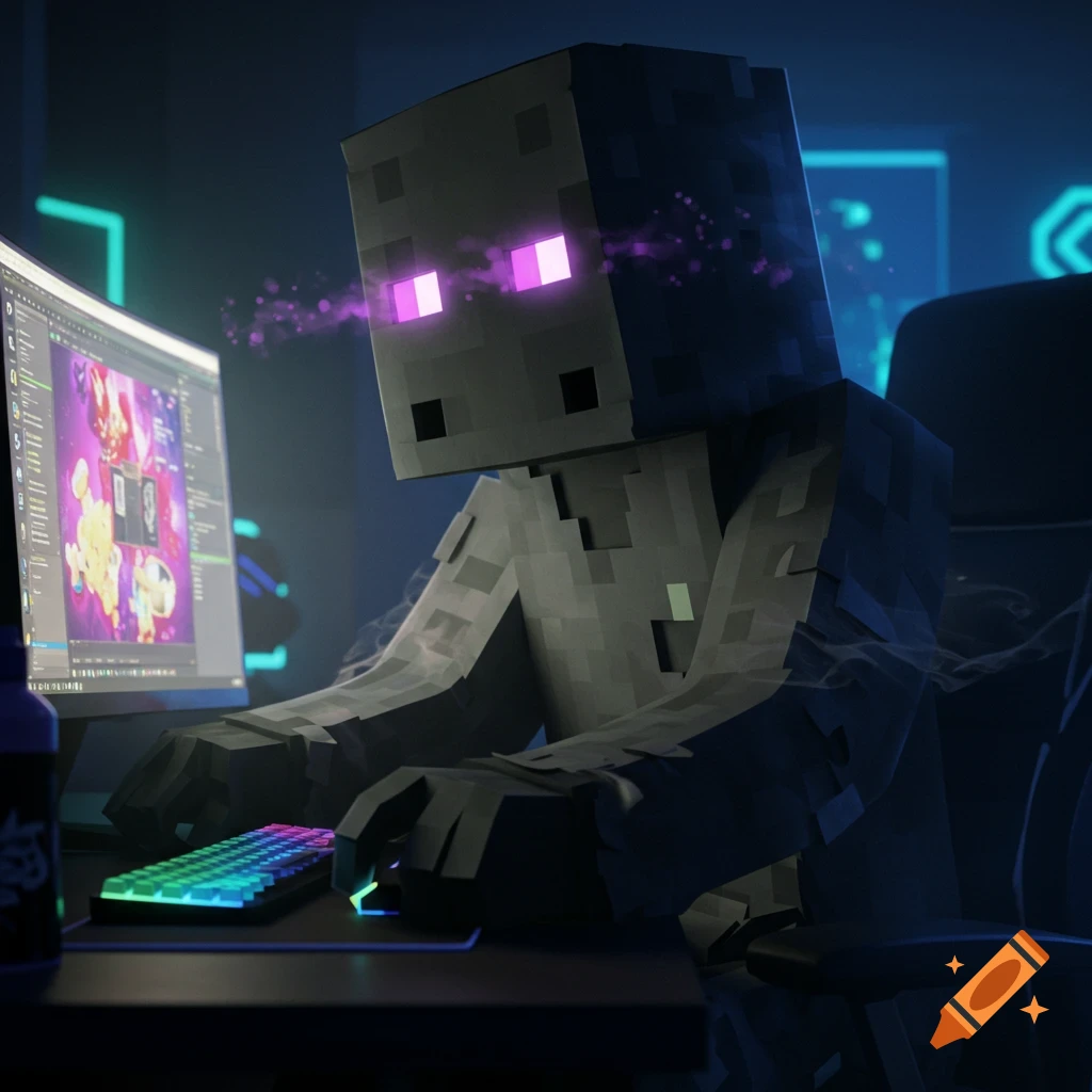 A blocky Minecraft Enderman character with glowing purple eyes sits at a computer, holding a colorful RGB mouse.