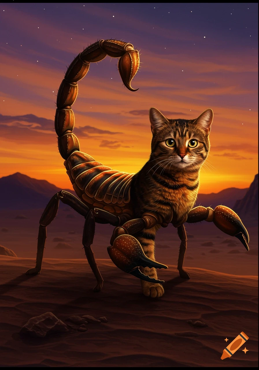A tabby cat's head on a scorpion's body stands in a desert landscape under an orange and purple sunset.