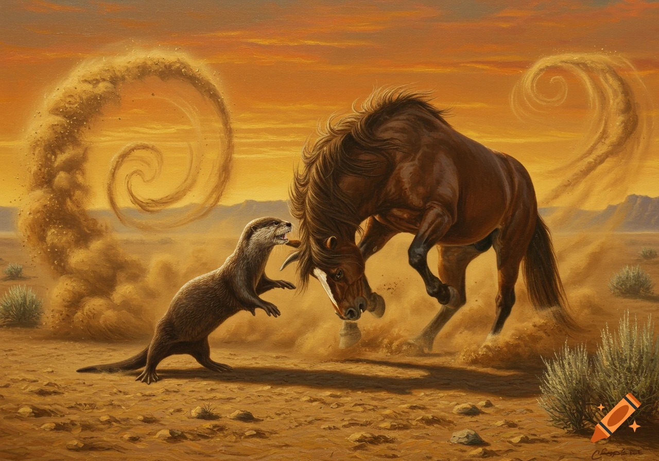 A painted scene of a brown otter standing on its hind legs, facing a rearing brown horse in a dusty, orange-hued desert landscape with swirling sand.