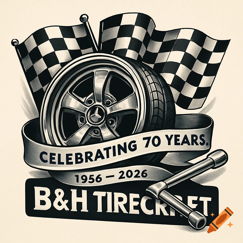 A black and white illustration of a tire and wheel, checkered flags, and a ribbon with 'Celebrating 70 Years' and 'B&H Tirecraft'.