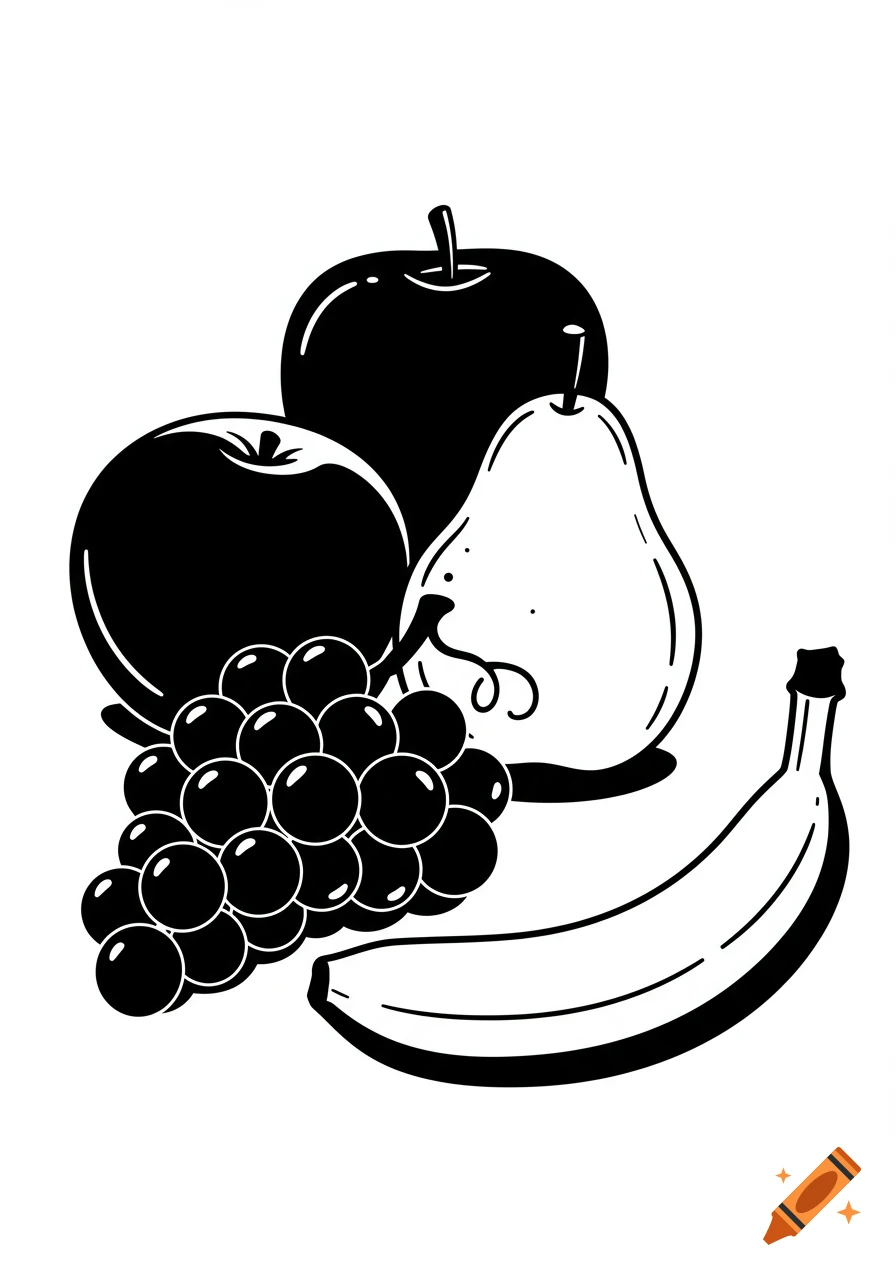 A black and white clipart illustration of various fruits including apples, a pear, grapes, and a banana.