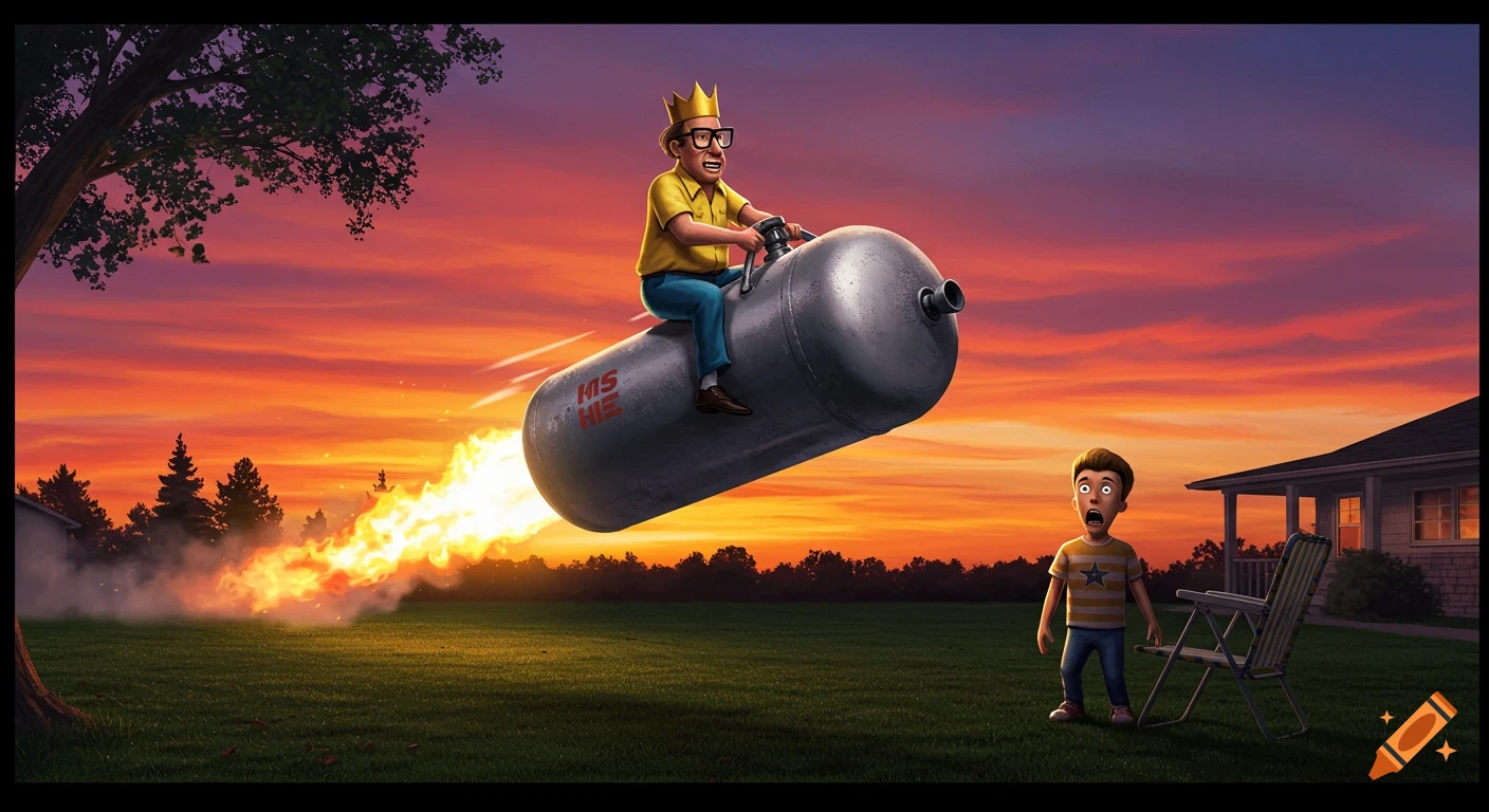 Cartoon Hank Hill, wearing a crown, flies a flaming propane tank over a yard as Bobby Hill looks on in horror at sunset.