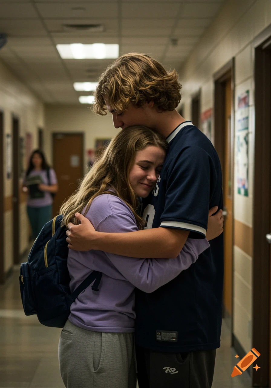 A candid photorealistic image of a teenage boy and girl hugging in a school hallway, boy kissing her forehead.
