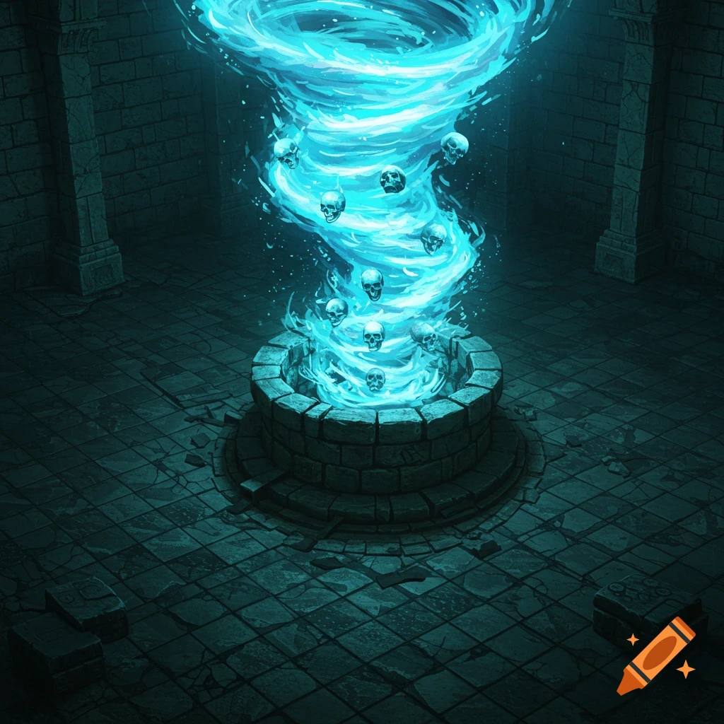 A dark, stone-tiled dungeon room with a well in the center from which a glowing blue fiery tornado with skulls erupts.