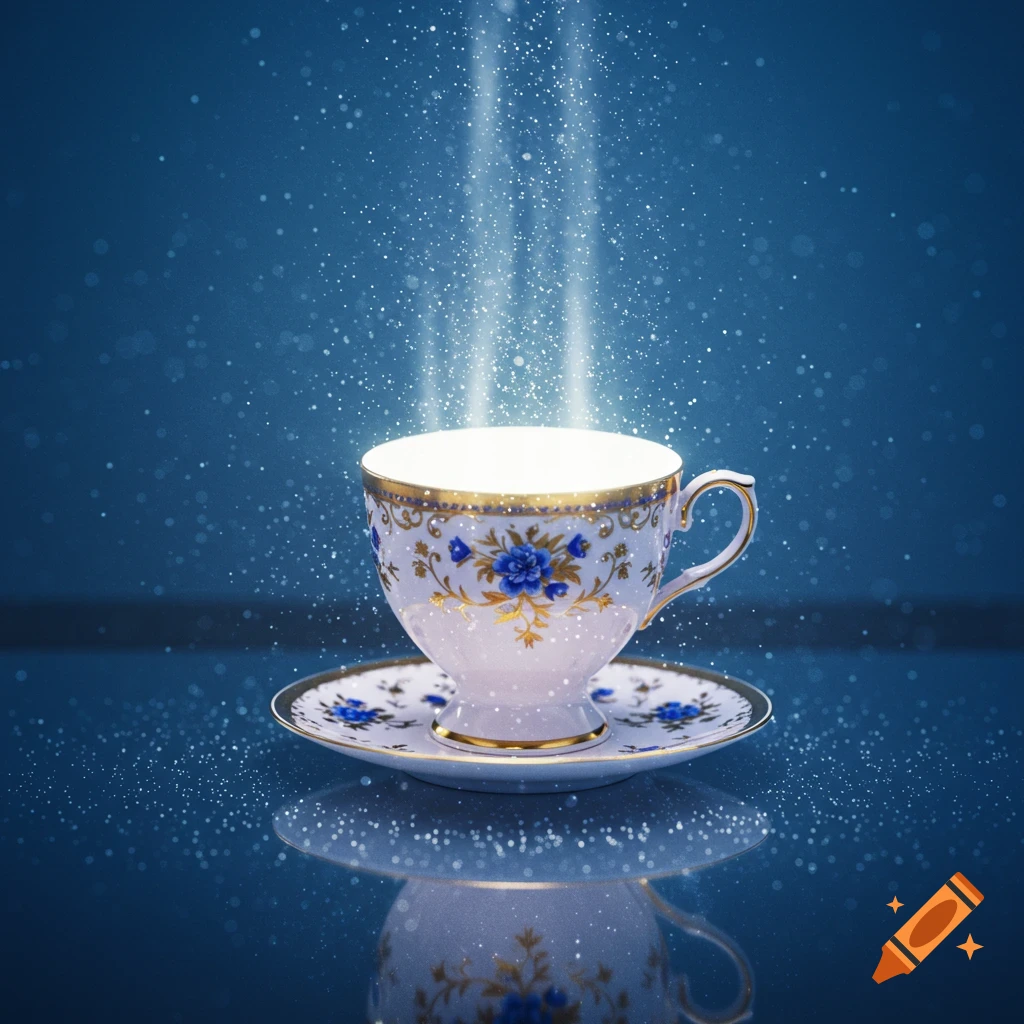 An ornate white teacup with blue and gold patterns glows brightly with light rays and sparkles on a reflective surface against a dark blue background.
