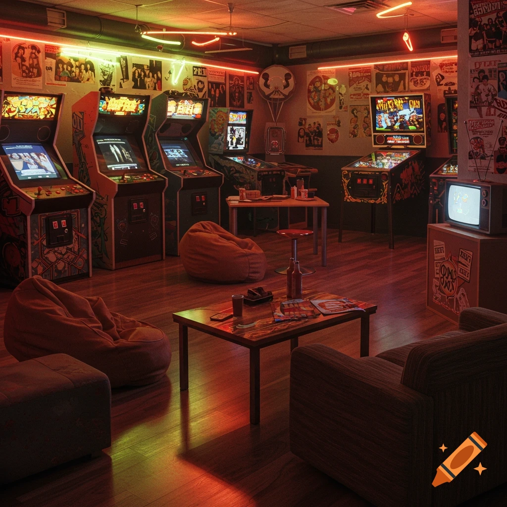 A retro 90s themed arcade room with glowing neon lights, multiple arcade machines, pinball machines, bean bag chairs, and a coffee table.