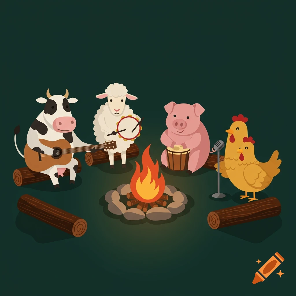 Cartoon farm animals, including a cow, sheep, pig, and chickens, play music around a campfire at night.