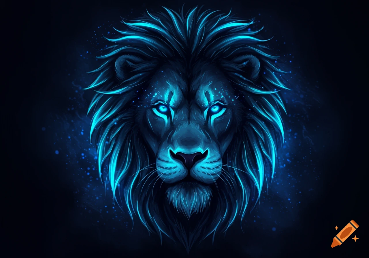 A majestic lion's head with glowing blue outlines and eyes, set against a dark background.