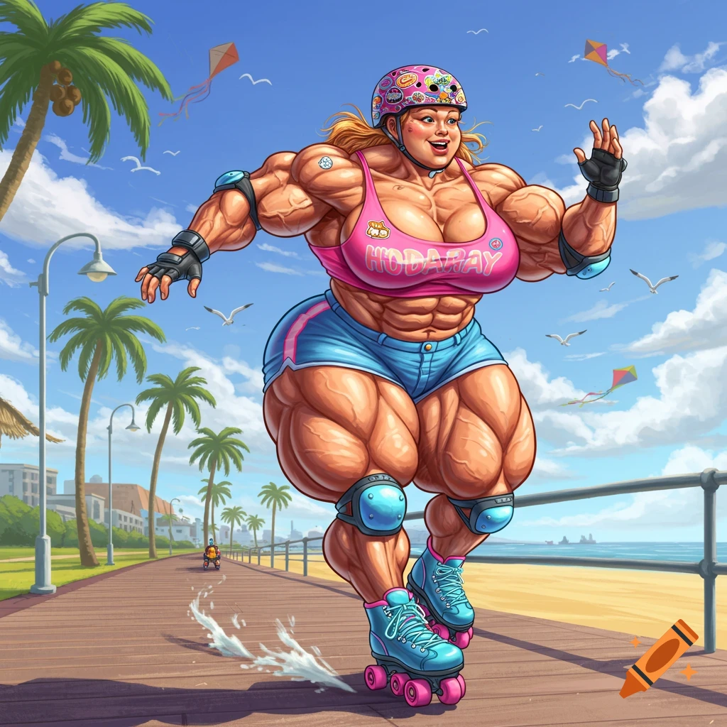 A comically muscular female bodybuilder in a pink top and blue shorts roller skating on a sunny beach boardwalk.