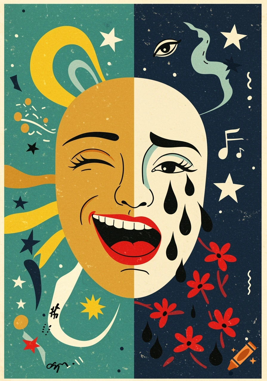 Retro graphic collage of a split face, half laughing with yellow swirls, half crying with tears turning to red flowers, against teal and blue with abstract symbols.