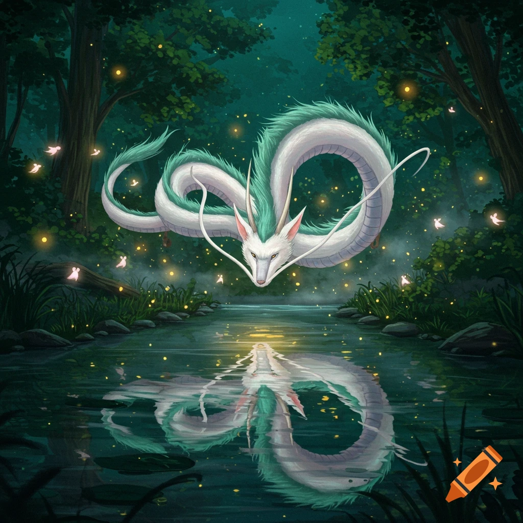 A white serpentine dragon, Haku, with green fur, floats above a river in a dark forest illuminated by fireflies. Its reflection is visible in the water.