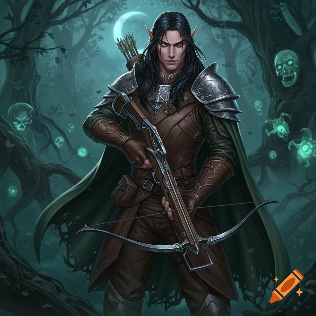 A male dark elf with long black hair, armor, and a crossbow stands in a moonlit, spooky forest with glowing green skulls.