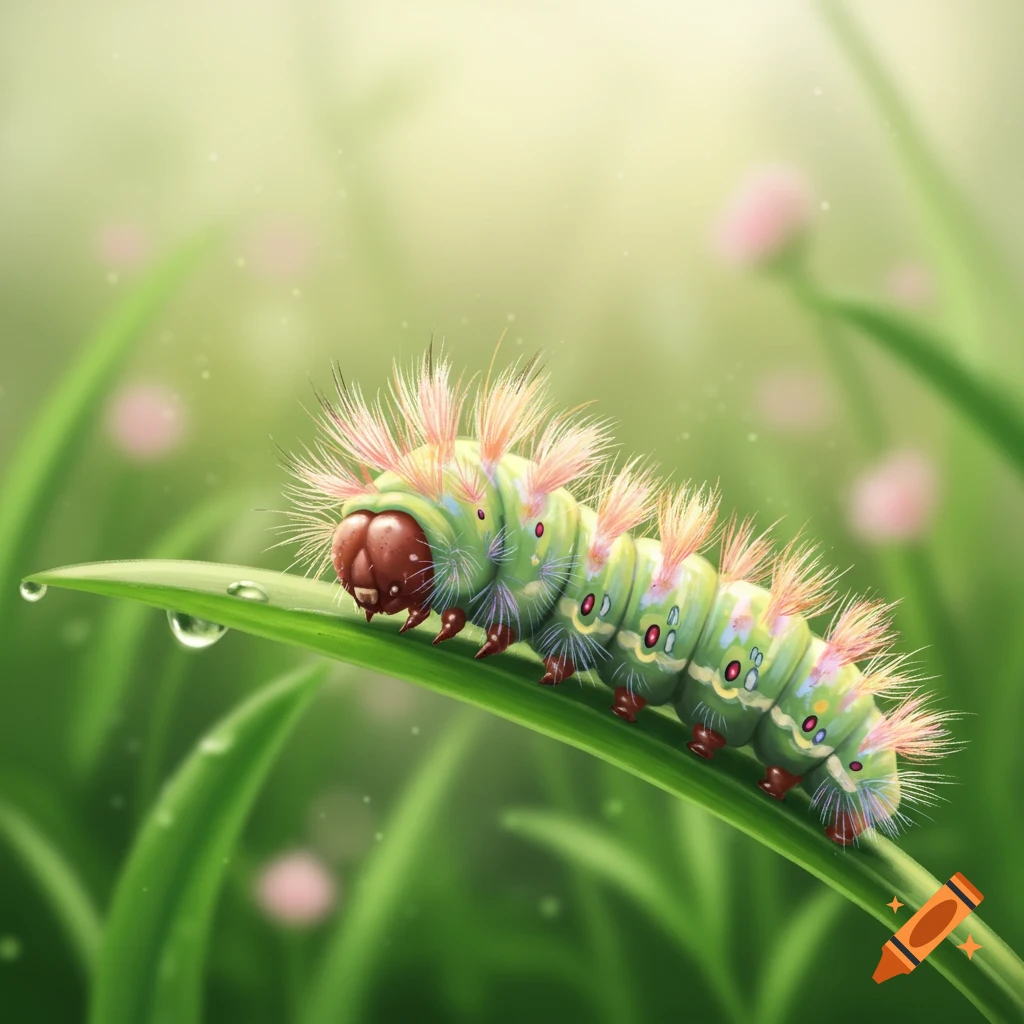 A colorful, fuzzy caterpillar crawling on a dewy green blade of grass with a soft, blurred background.