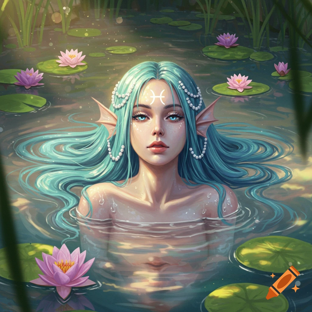 A blue-haired fish goddess with glowing eyes and a Pisces symbol on her forehead, submerged in water with pink water lilies.