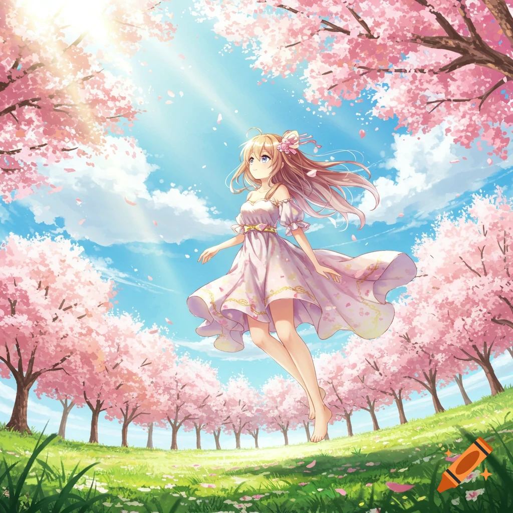 An anime girl with long blonde hair in a white dress floats gracefully in a vibrant cherry blossom field under a bright blue sky.