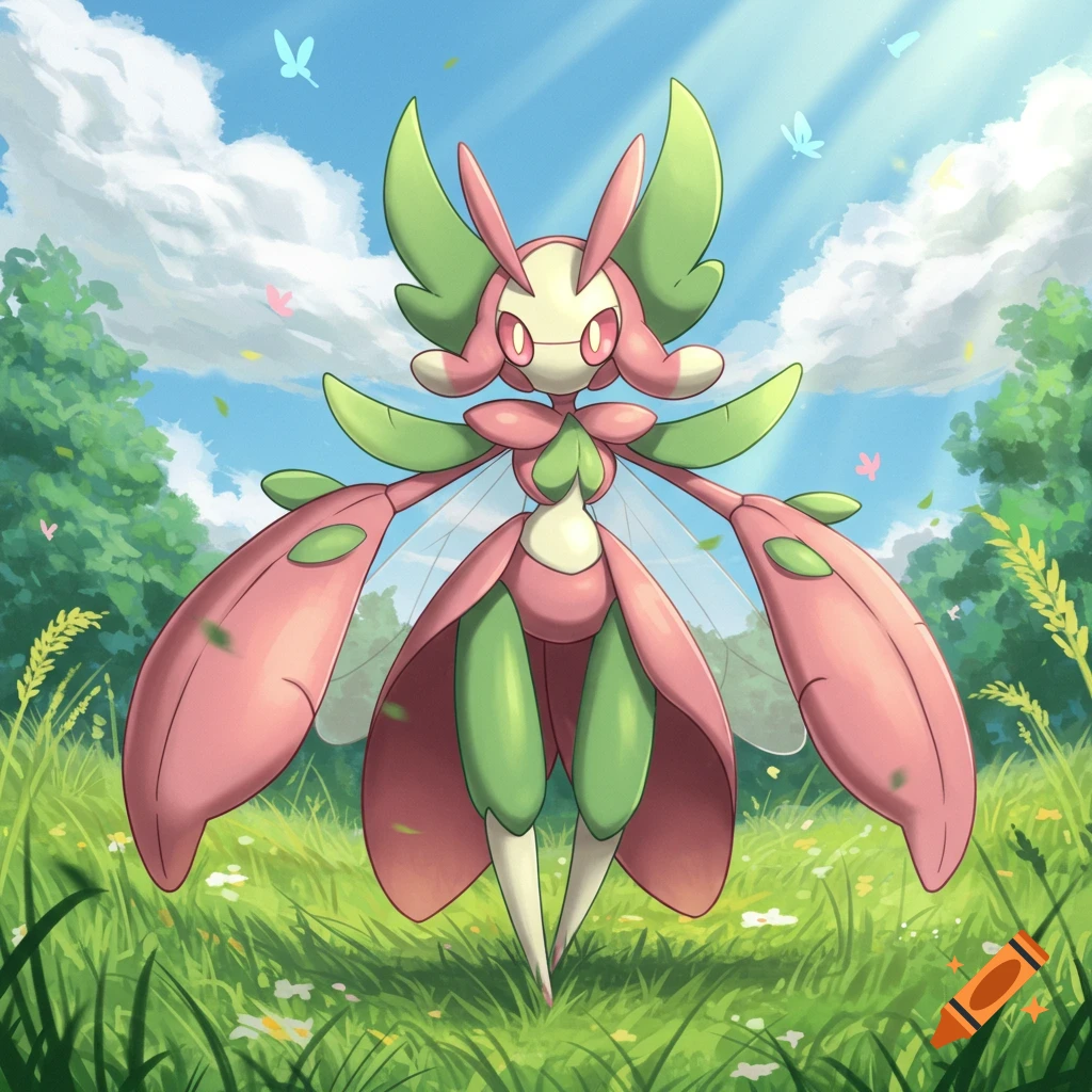 A pink and green insectoid Pokémon-like character in a grassy field under a sunny, cloudy sky with butterflies.