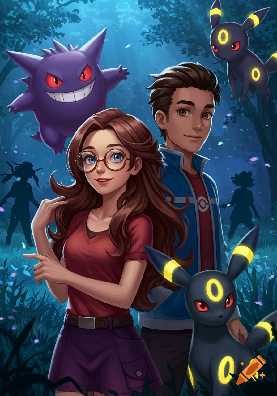 A young woman and man pose in a mystical forest with a purple Gengar and two black Umbreon Pokémon in a digital art style.