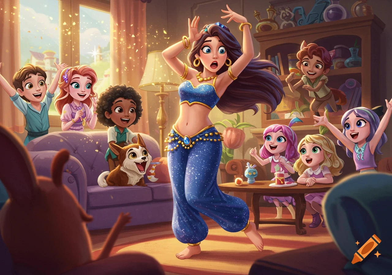 A cartoon woman in blue belly dances in a living room, watched by cheering children and a dog.